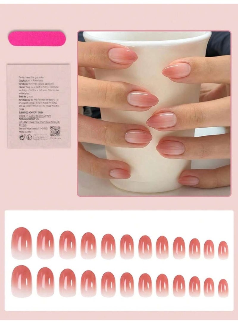 أظافر تركيب أظافر صناعية قصيرة 24 قطعة – تدرج فرنسي أحمر لامع مع ملصقات لاصقة ومبرد صغير - Image 2